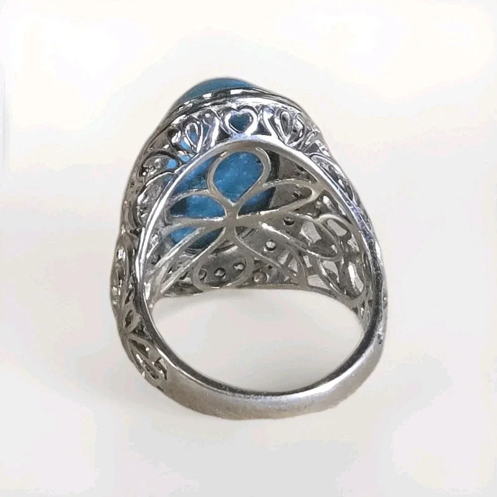 QVC Sterling Kingman Turquoise White Zircon Halo Silver Fillagree Ring Sz 8